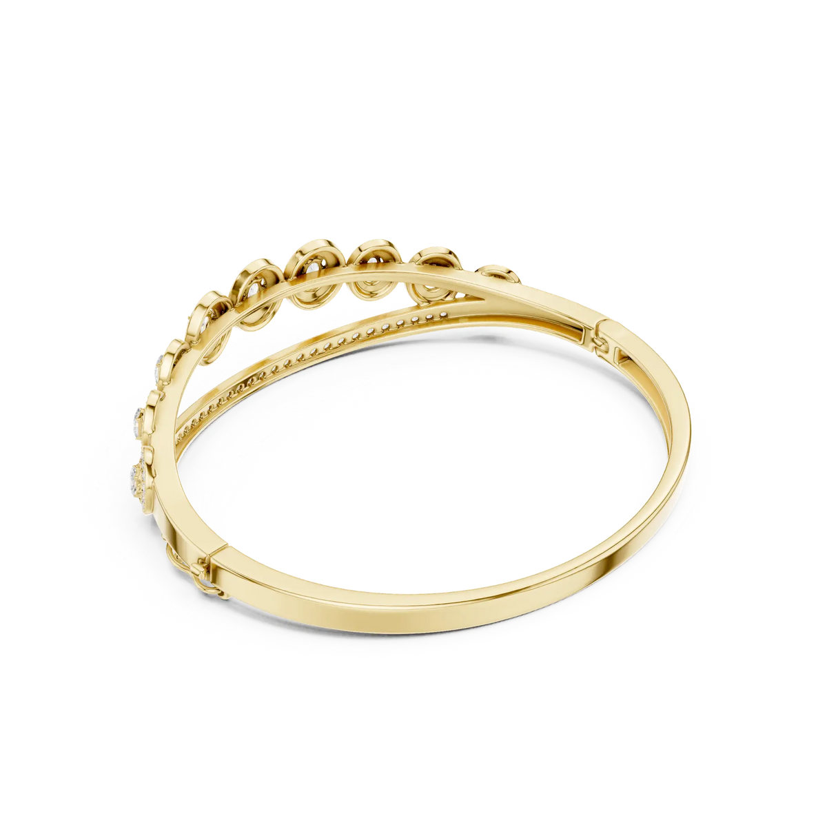 Oval halo bangle ring with pavé border and round center stones, yellow gold