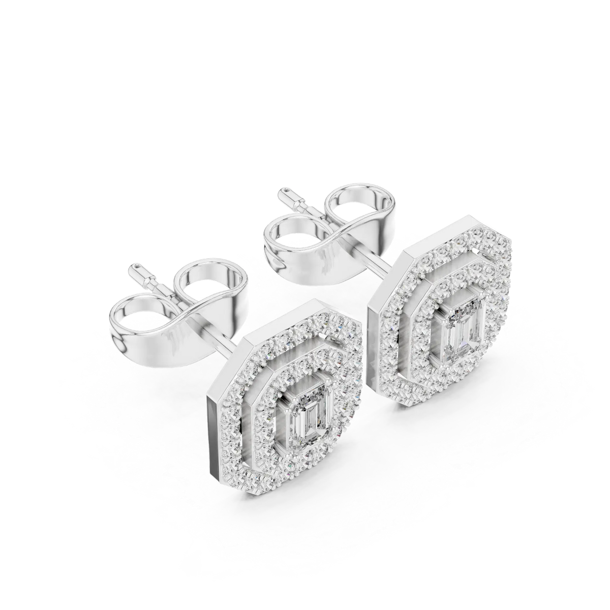 White gold emerald-cut halo diamond stud earrings, square center stones with halo