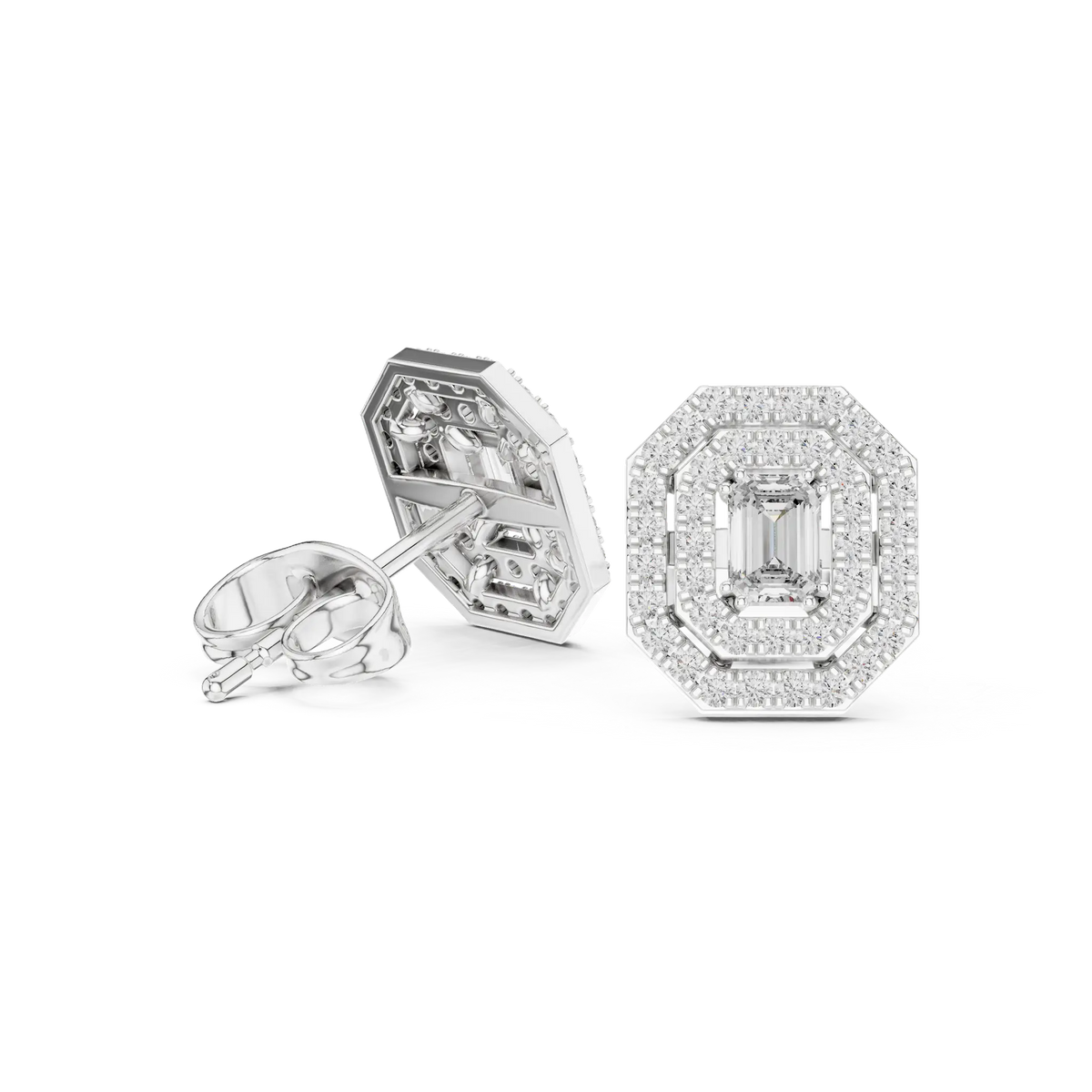 White gold emerald-cut halo diamond stud earrings, octagonal bezel frame