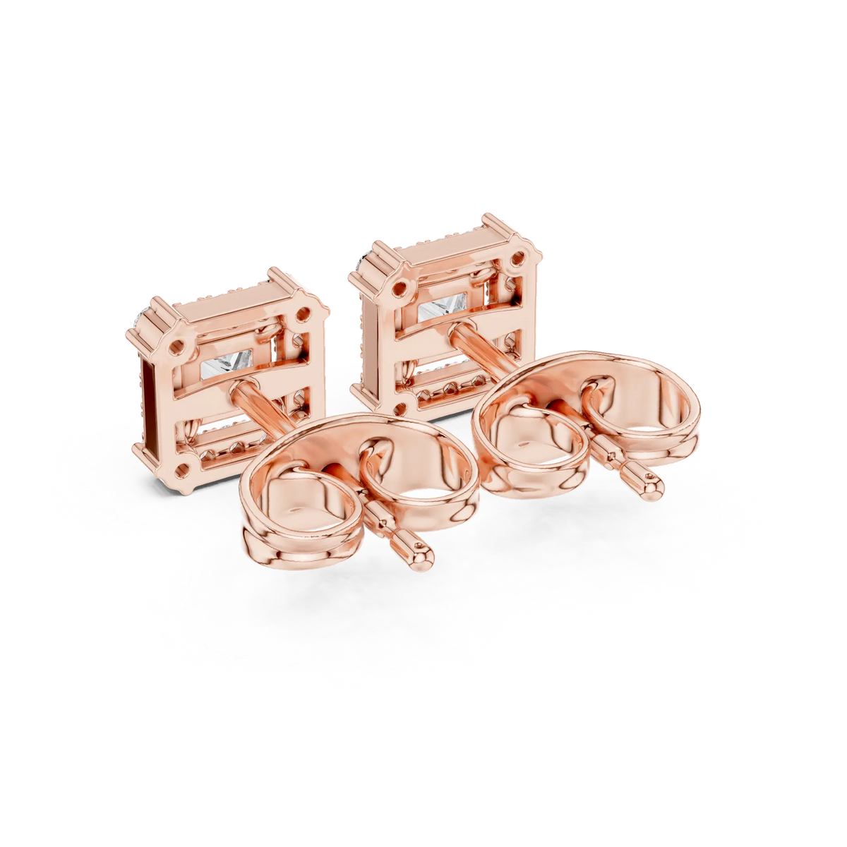 Princess-cut diamond halo stud earrings, rose gold back view with square center stones.