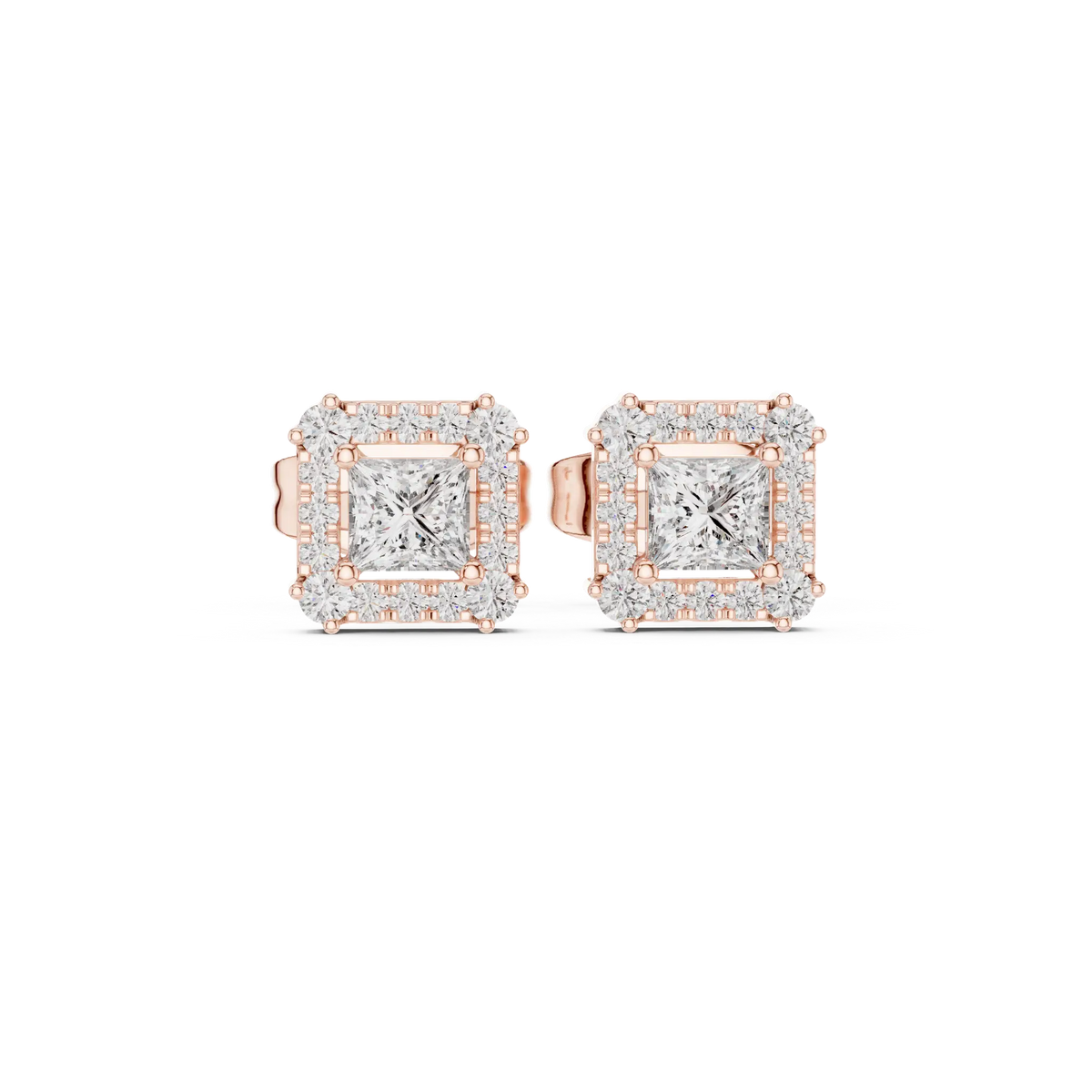 Princess-cut diamond halo stud earrings, rose gold square centers with micro-pavé halo.