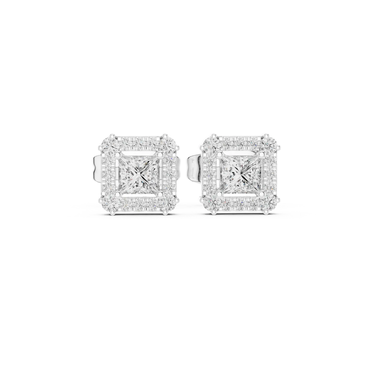 Princess-cut diamond stud earrings with halo, white gold settings