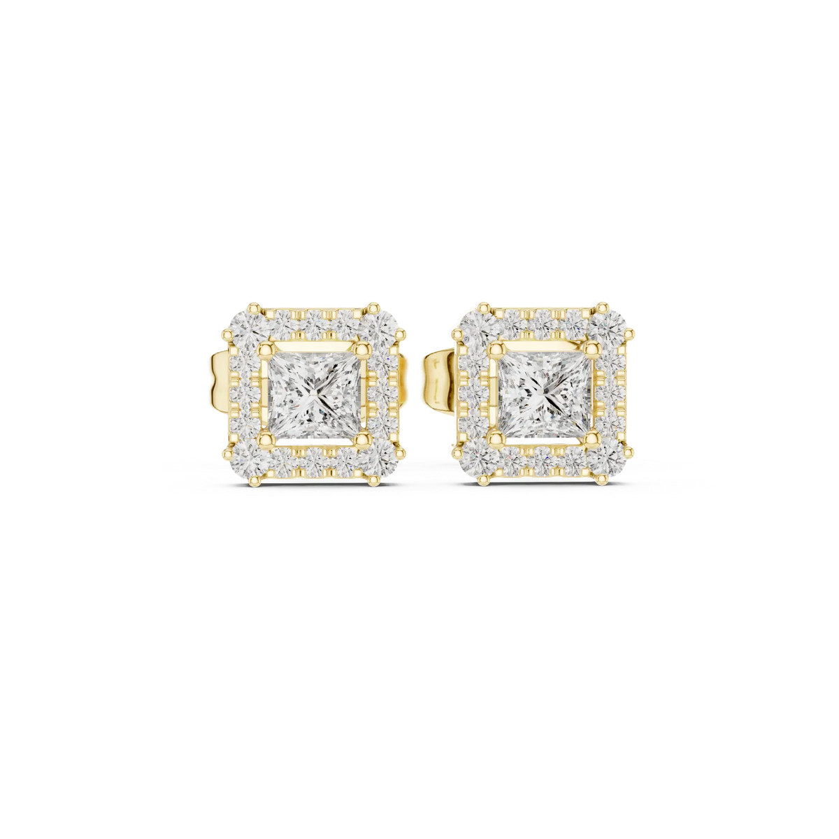 Princess-cut diamond stud earrings with halo, front view, yellow gold settings