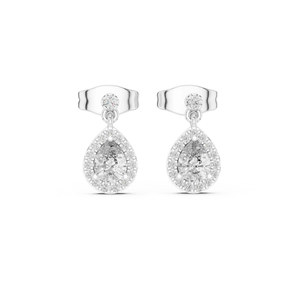 Pear-cut stone halo drop earrings in white gold, front view with teardrop halo frames