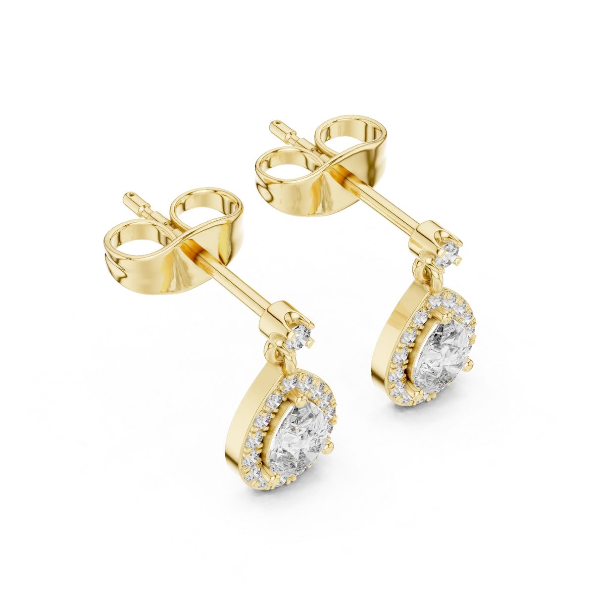 Pear-cut stone halo drop earrings in yellow gold, angled view with pear-shaped dangles