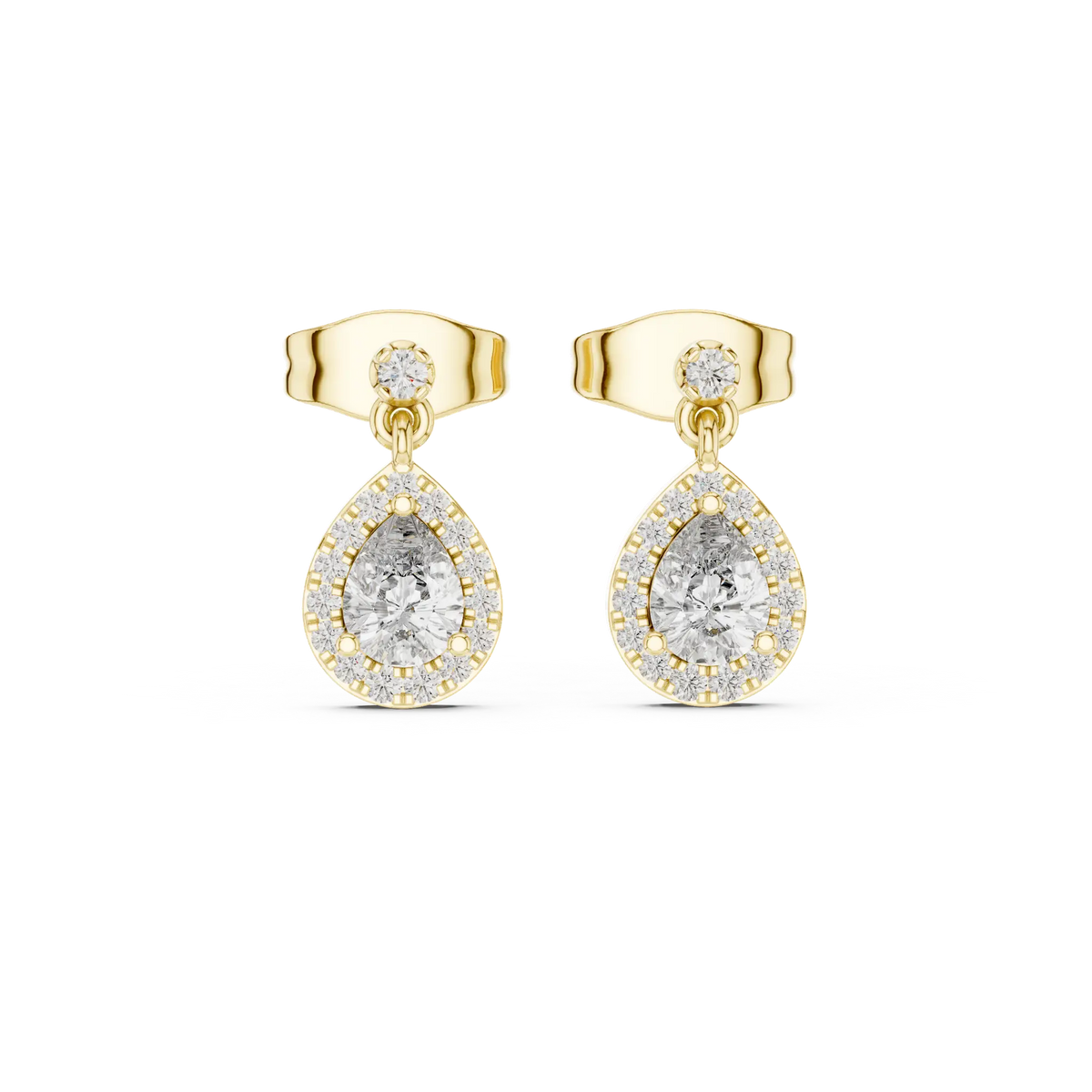Yellow gold pear-drop diamond earrings with round top stone and halo accents