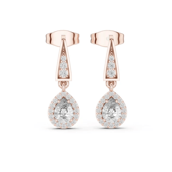 Rose gold oval drop earrings with pear-shaped crystal drops and pave centers