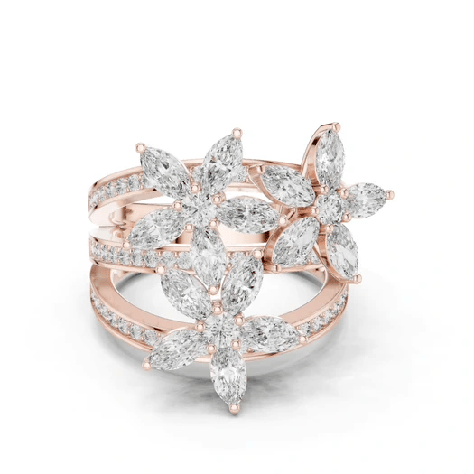 Rose gold marquise diamond statement ring with pavé band and clustered marquise stones