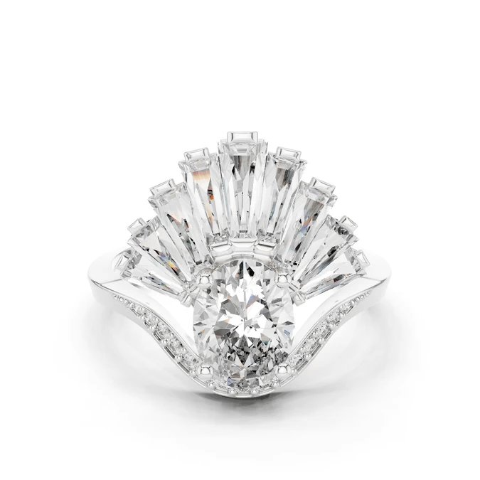 Oval lab-grown diamond engagement ring in white gold, fan halo with pave band