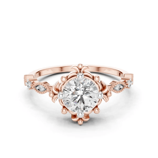 Rose gold round diamond engagement ring with lotus crown halo and side baguette stones