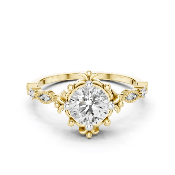 Yellow gold round diamond engagement ring with lotus crown halo and side baguette stones