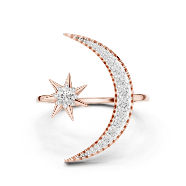 Rose gold crescent moon diamond ring with starburst center and round stone accents