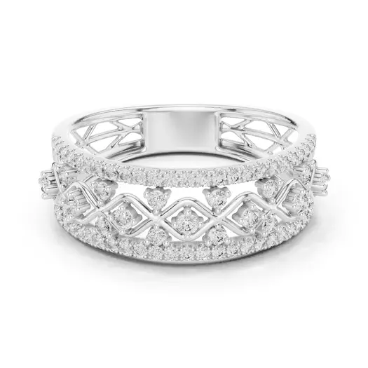 Silver-tone eternity ring with latticework and round pavé stones, wide band