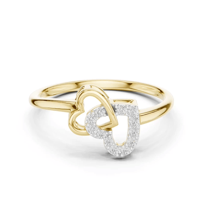 Yellow gold double-heart diamond ring with U-shaped intertwined motif