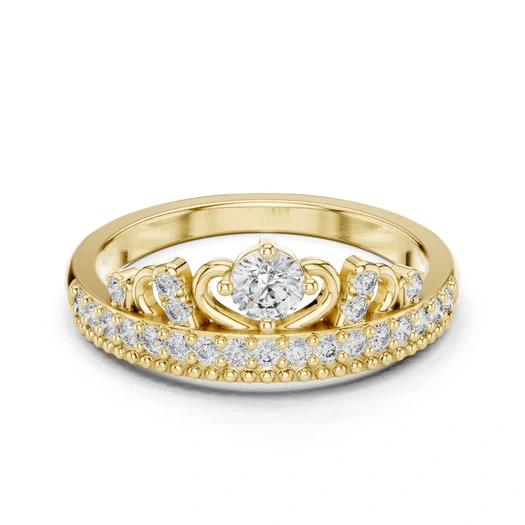 Yellow gold tiara crown ring with round center diamond and pavé side accents