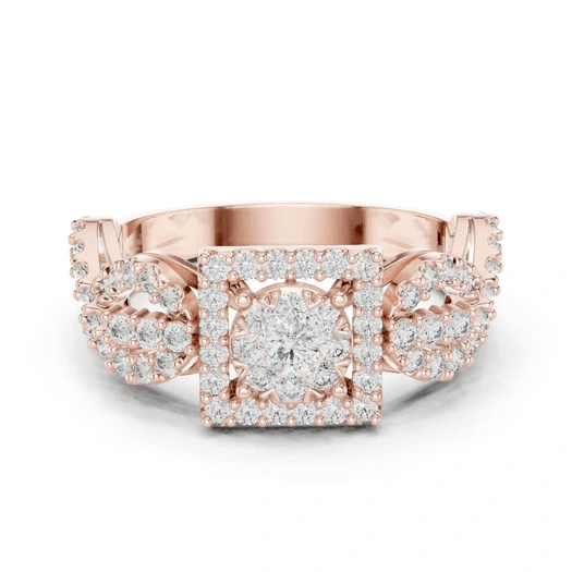 Rose gold mosaic halo ring with square center stone and split infinity shank