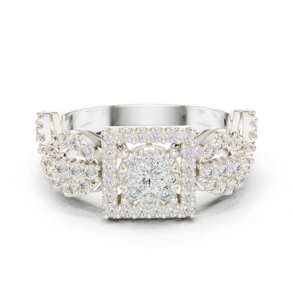 White gold mosaic halo ring with square center stone and split infinity shank