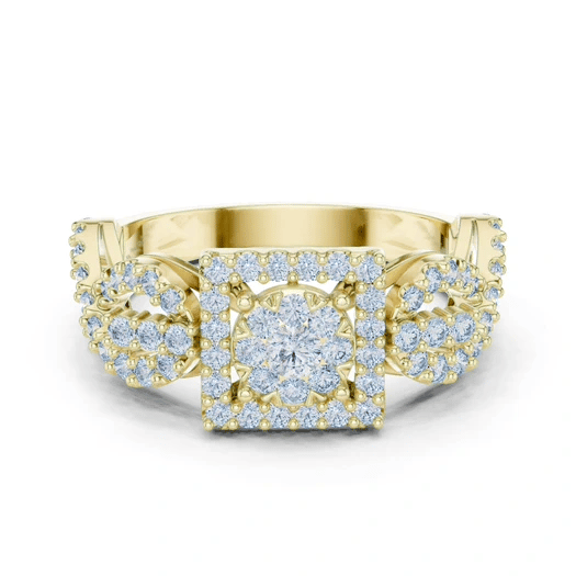 Yellow gold mosaic halo ring with square center stone and split infinity shank