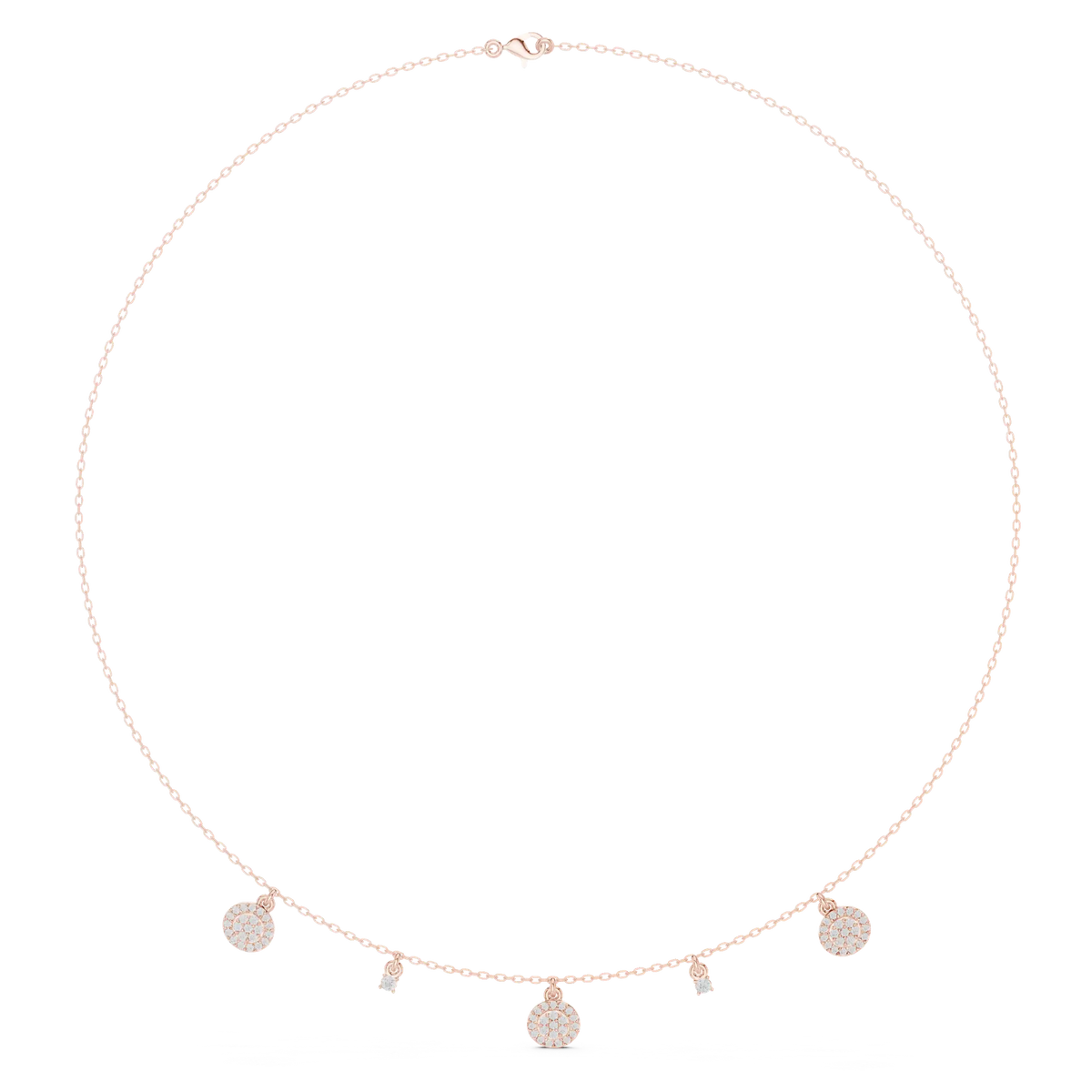 Rose gold diamond drop charm necklace with round charm station and small pavé bead