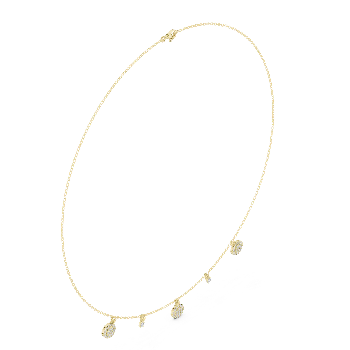 Yellow gold diamond drop charm necklace with round cut stations and dangling charm