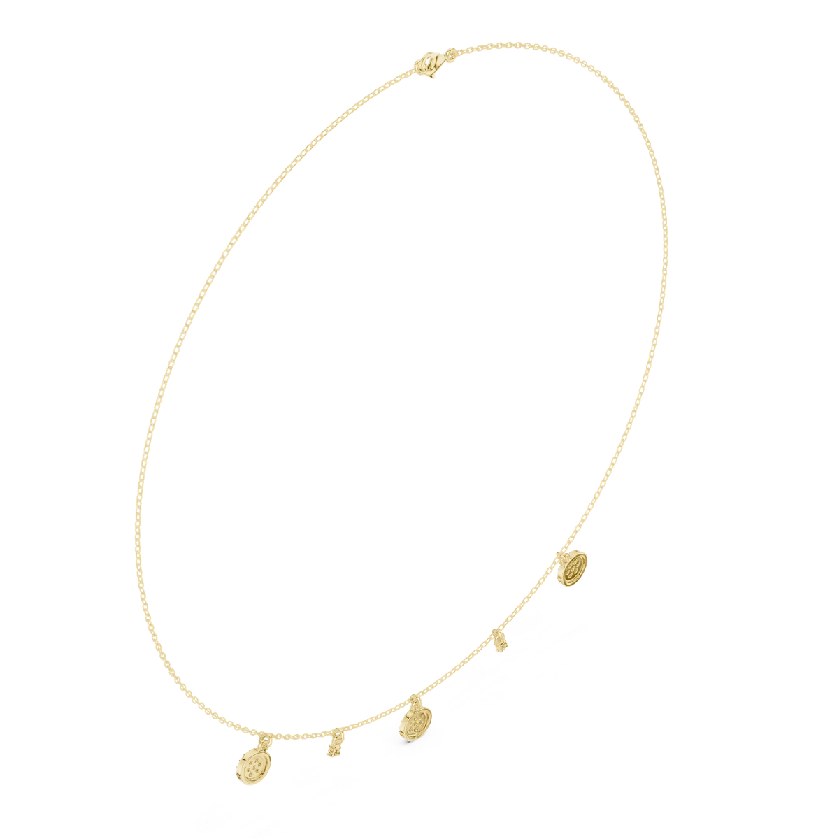 Yellow gold diamond drop charm necklace with round pendant and side pavé accent