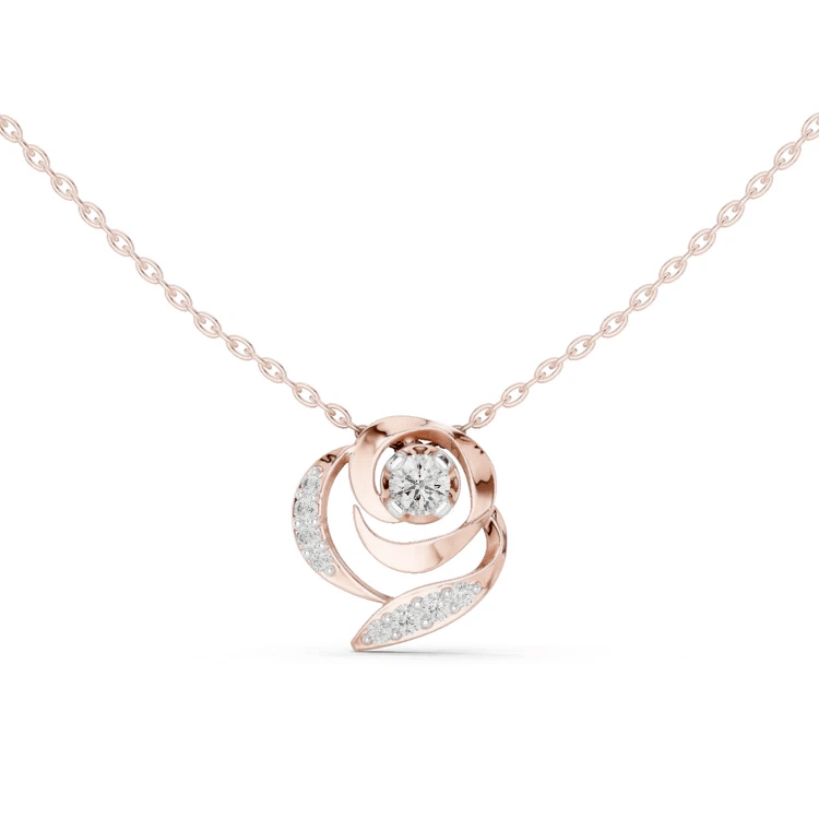 Round diamond flower pendant in rose gold, three-ring swirl setting
