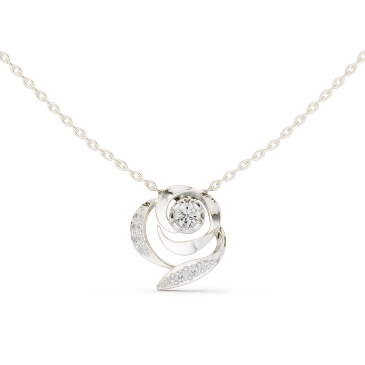 Round diamond flower pendant in white gold, three-ring swirl setting