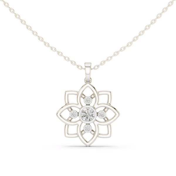 White gold openwork flower diamond pendant with round stones on chain