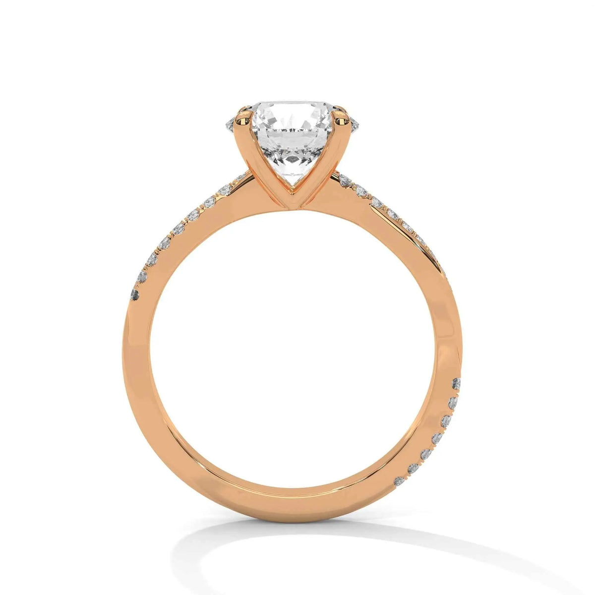 Rose gold diamond engagement ring with a shield-cut center stone and diamond trim