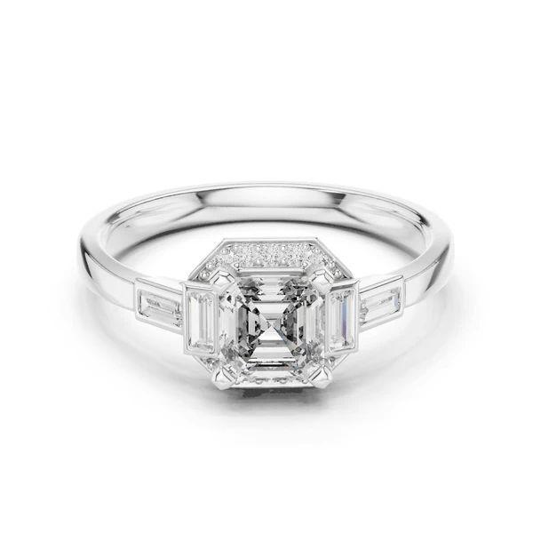 White metal ring with square radiant center stone and geometric diamond halo