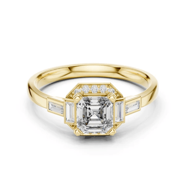 Yellow gold square radiant halo ring with baguette side stones and octagonal frame