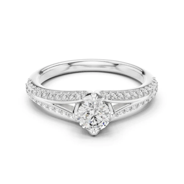 White gold split shank diamond ring with round center diamond and pavé side rows