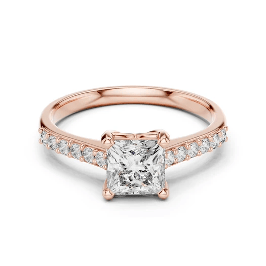 Rose gold princess-cut diamond ring with pavé band and square center diamond.