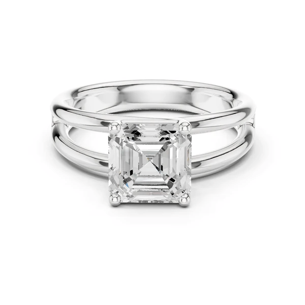 White gold Asscher cut diamond ring with split shank and four-prong center