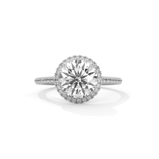 Round halo diamond ring with large round center stone and pavé band, white gold