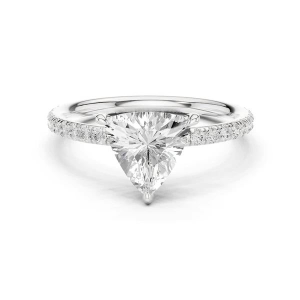 White gold triangular cut diamond accent ring with pavé band and center triangle stone