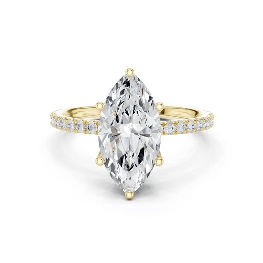Marquise-cut pavé diamond ring in yellow gold with marquise center stone