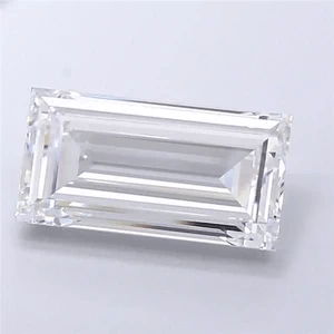Emerald cut diamond gemstone with long step facets, clear white tone.