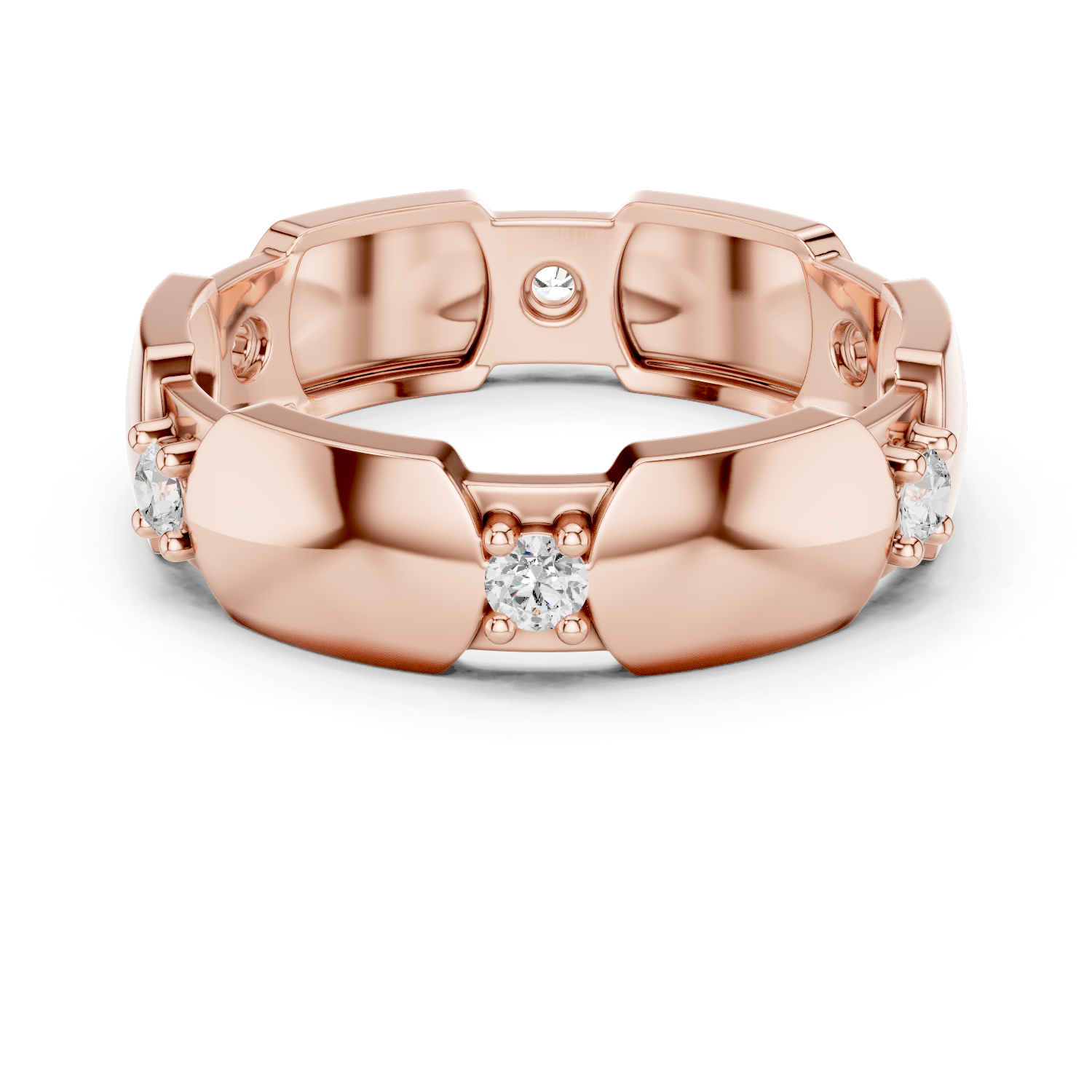 Rose gold modern hexagonal collet diamond band with round stones, top view