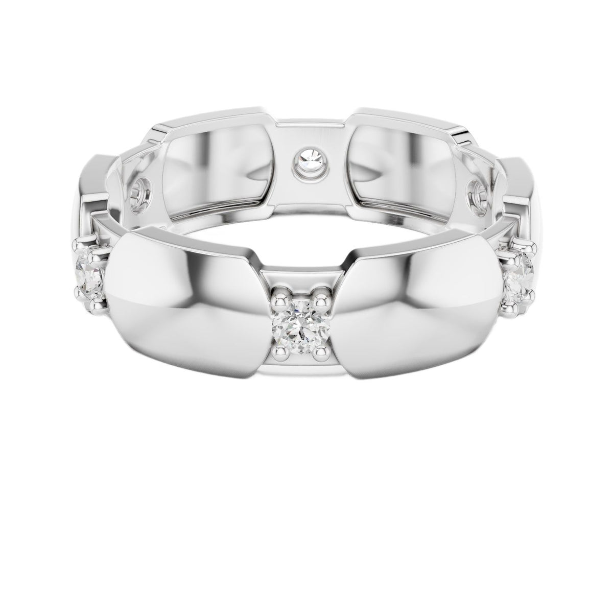 White gold modern hexagonal collet diamond band with round stones, top view