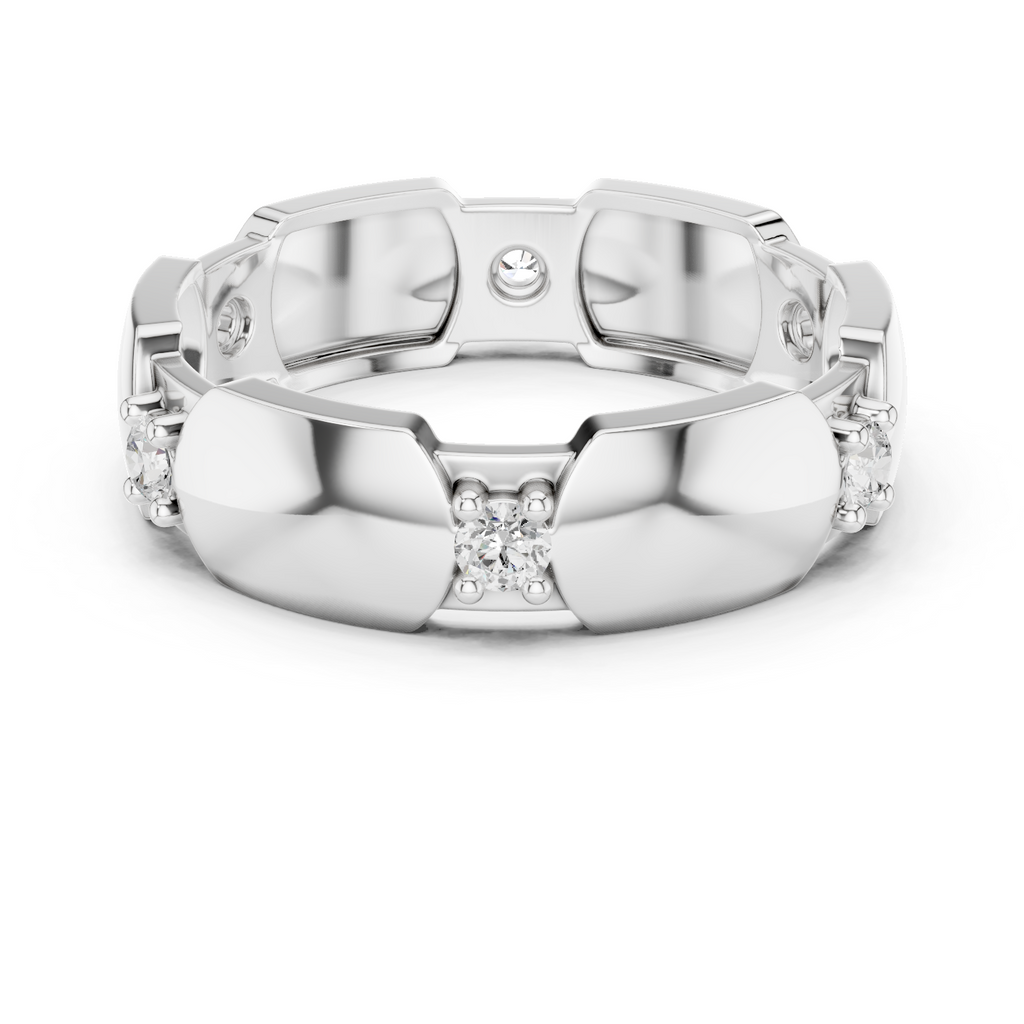 White gold modern hexagonal collet diamond band with round stones, top view