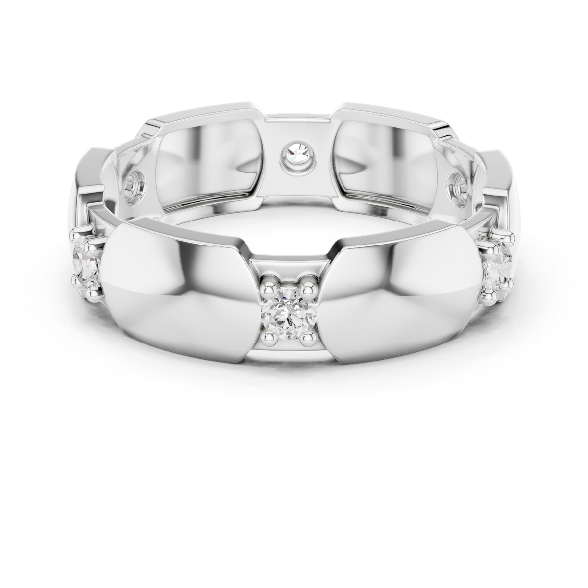 White gold modern hexagonal collet diamond band with round stones, top view