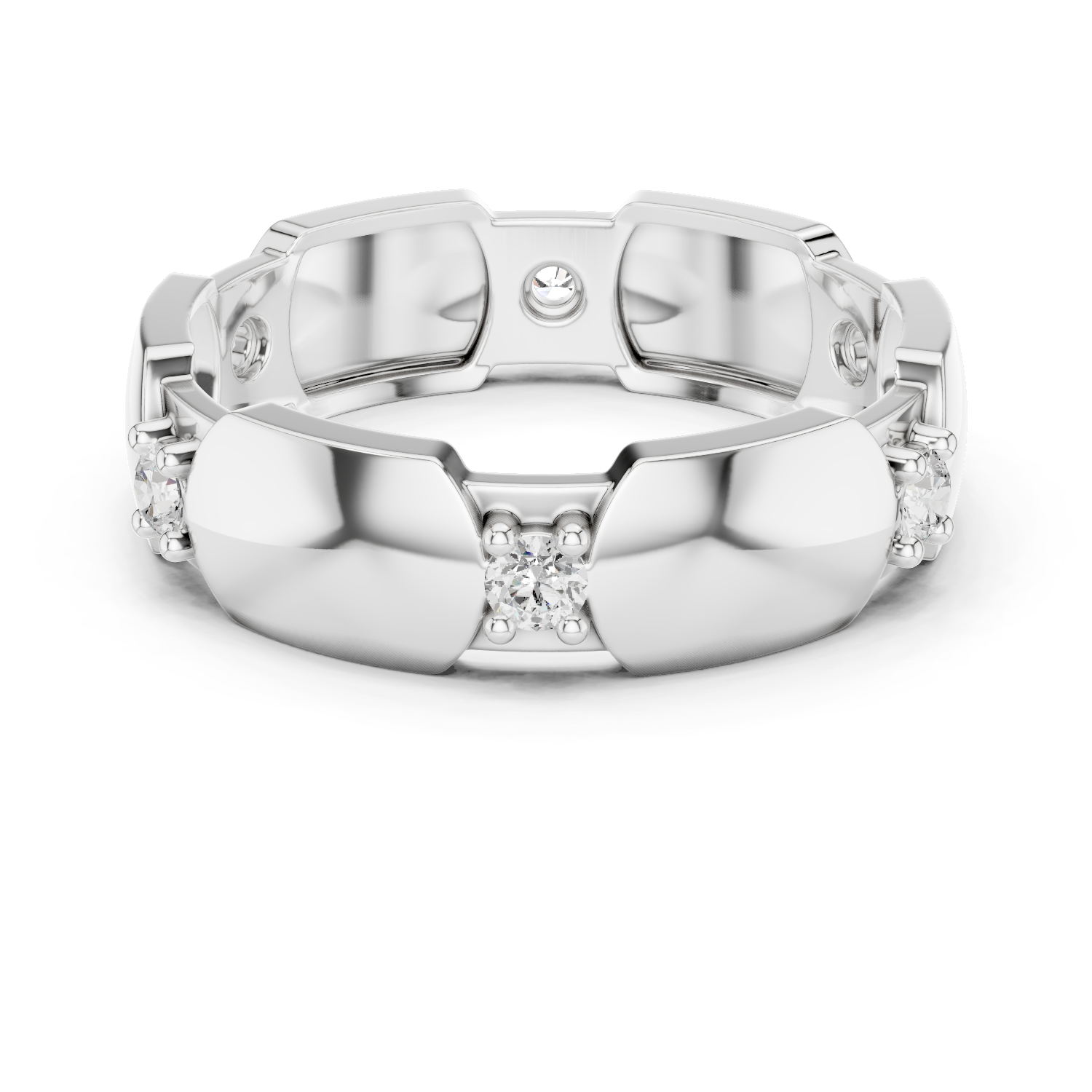 White gold modern hexagonal collet diamond band with round stones, top view