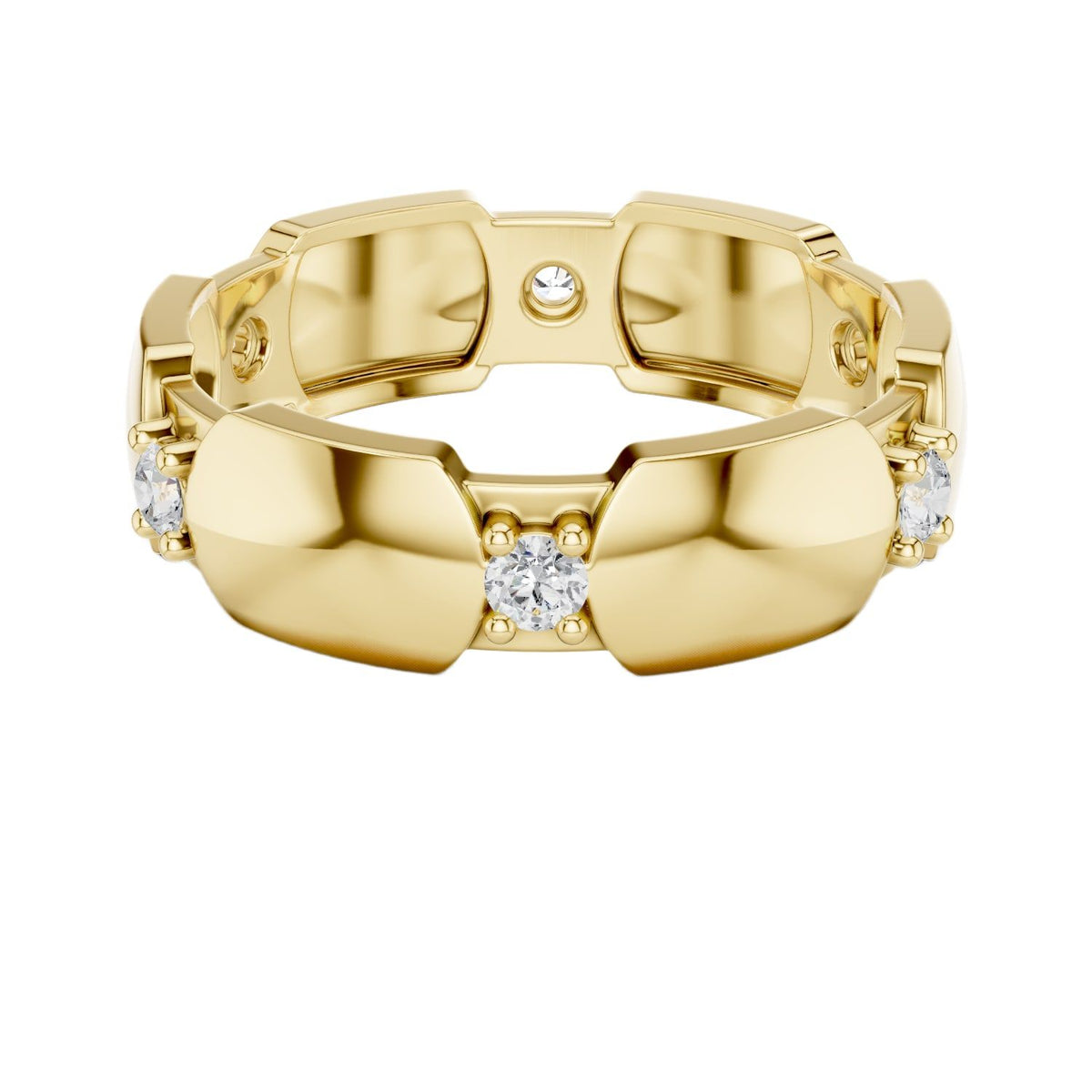 Yellow gold diamond band with modern hexagonal collet settings and round stones