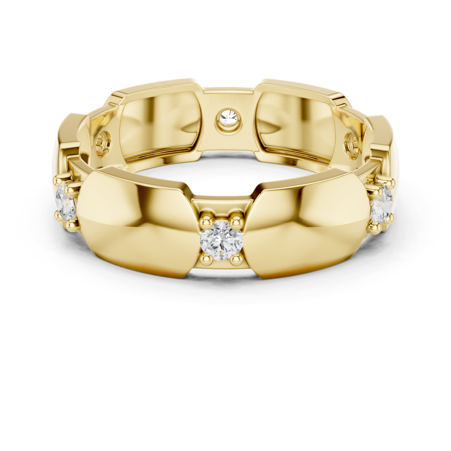 Yellow gold diamond band with modern hexagonal collet settings and round stones