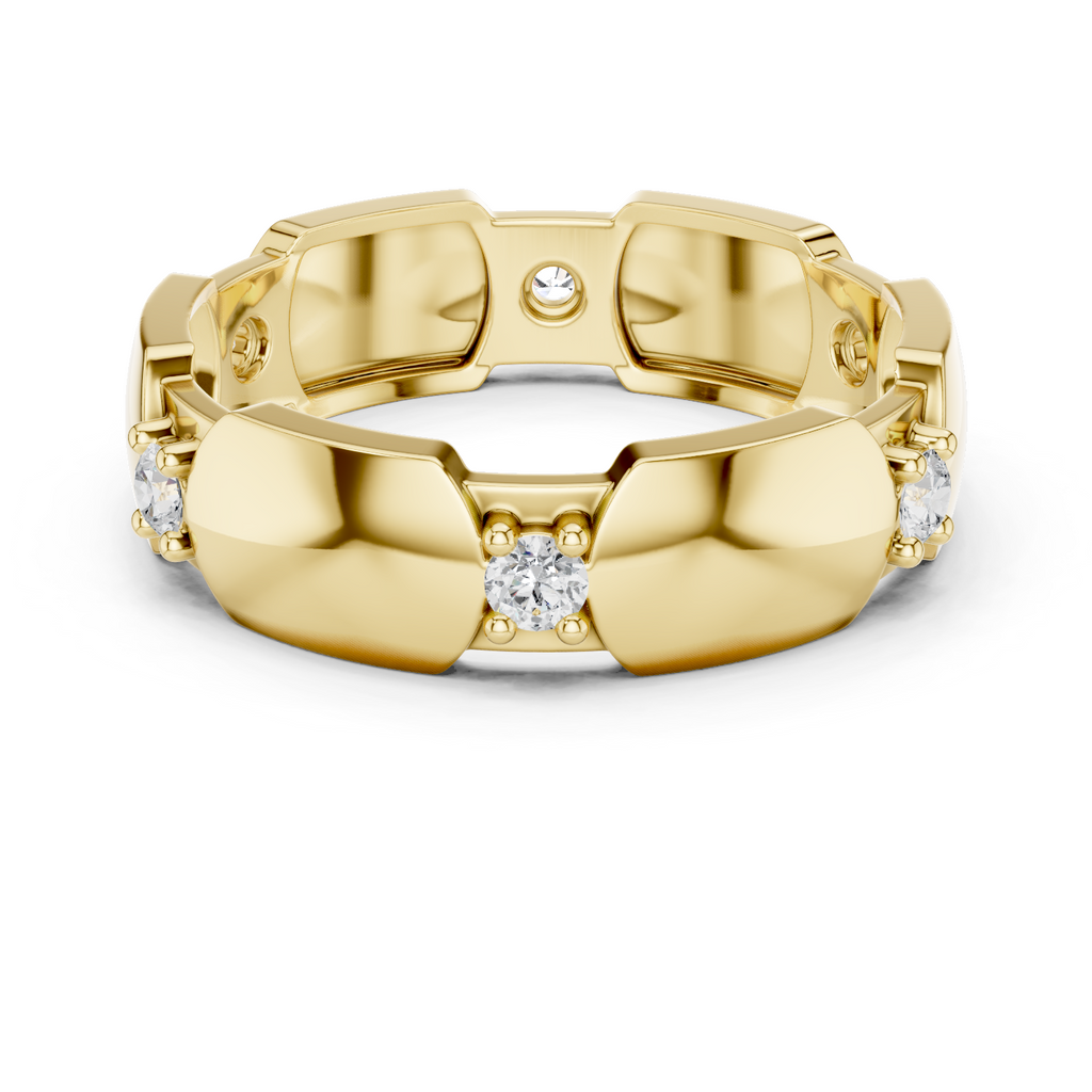Yellow gold diamond band with modern hexagonal collet settings and round stones