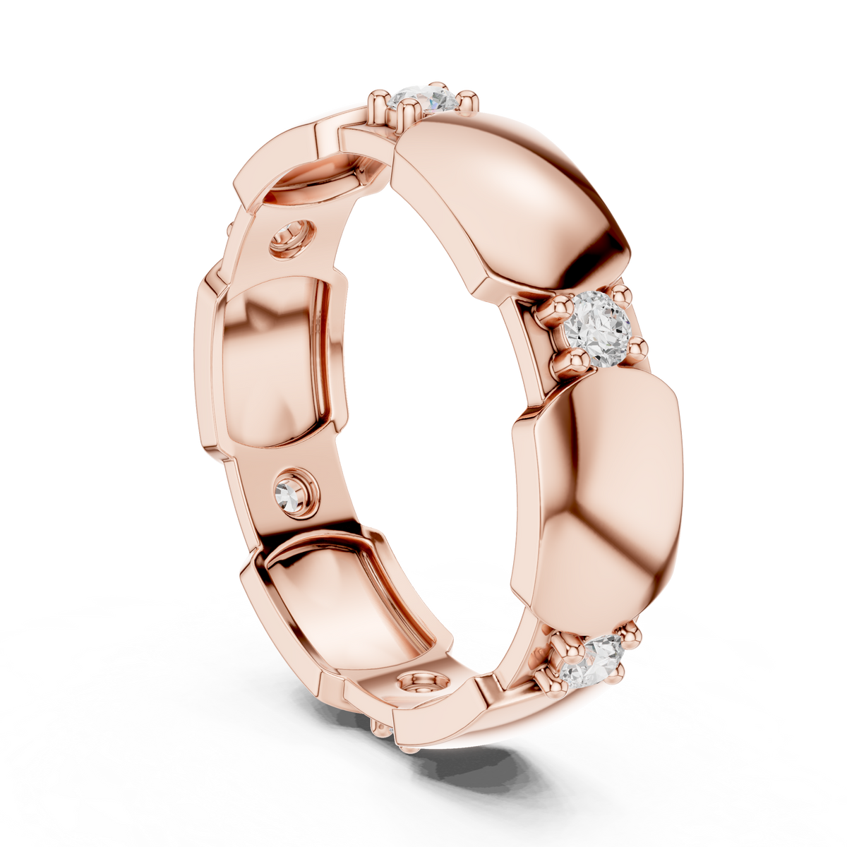 Rose gold modern hexagonal collet diamond band with round stones, angled side view