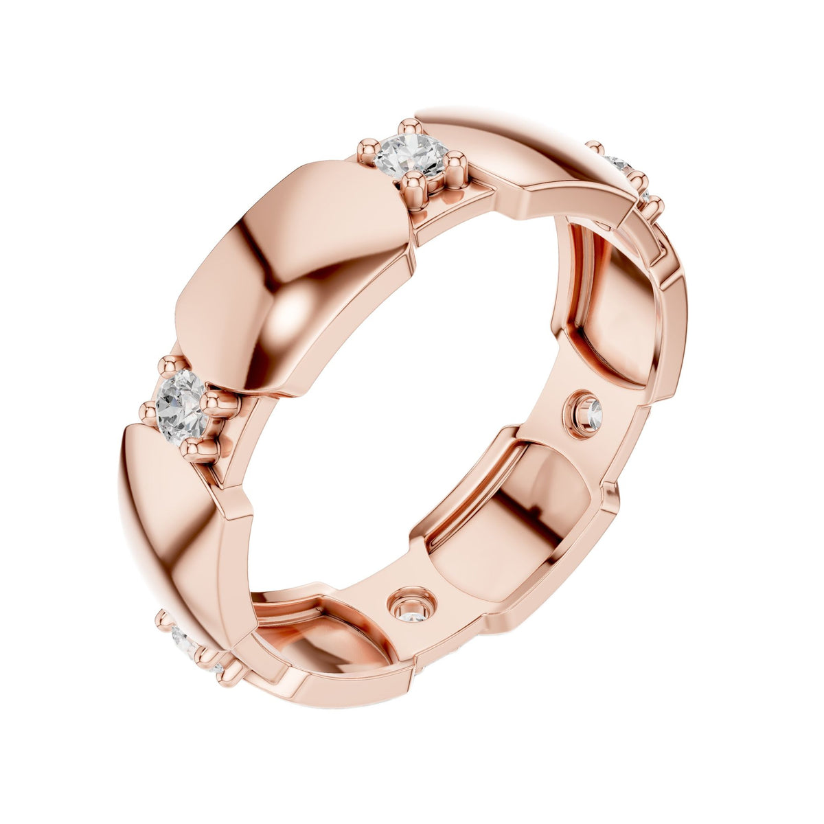 Rose gold modern hexagonal collet diamond band with round stones, side view