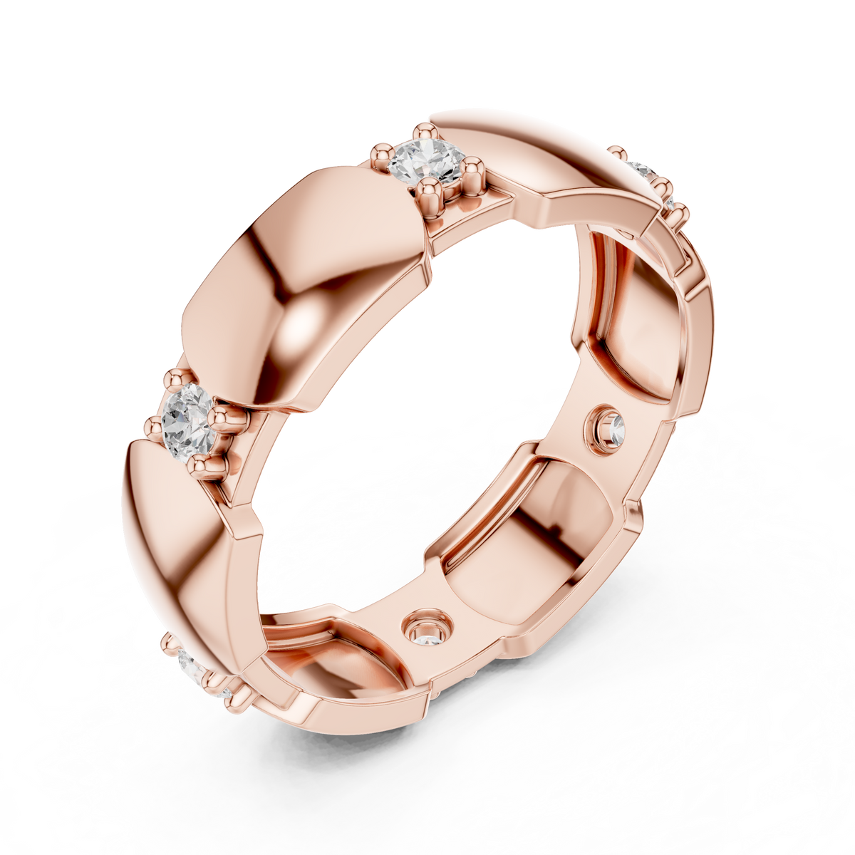 Rose gold modern hexagonal collet diamond band with round stones, side view
