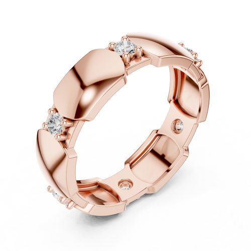 Rose gold modern hexagonal collet diamond band with round stones, side view
